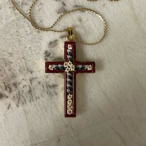 Vintage Goldtone Micro Mosaic Burgundy Red Cross pendant & 18” Chain